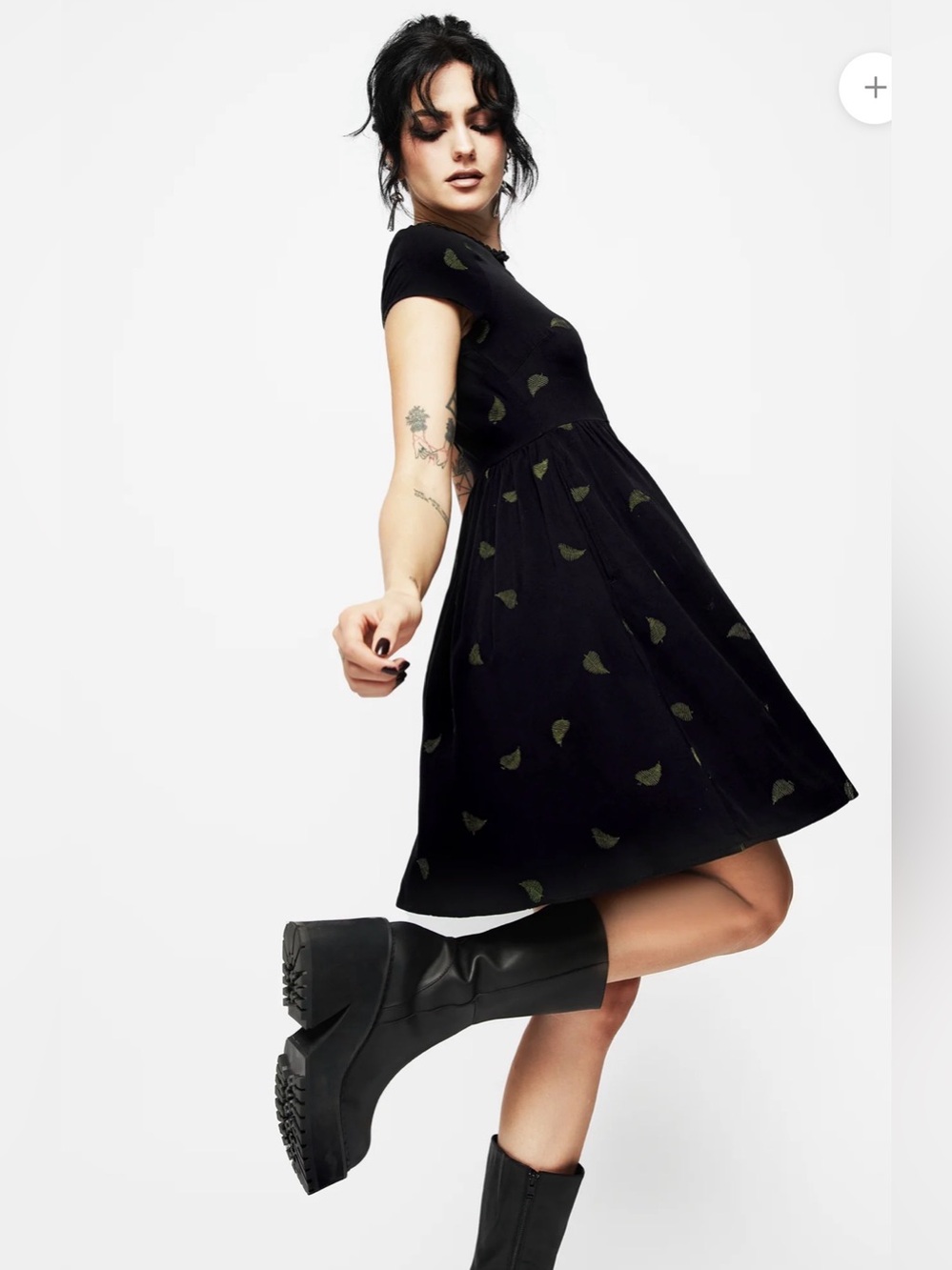 Disturbia Osmunda Fern Embroidered Mini Skater Dress US 10 Black Green Goth - Picture 13 of 15